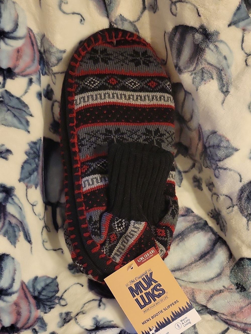Muk Luks Men's Red, Black & Gray Knit Bootie Slippers L/xl 11-13
